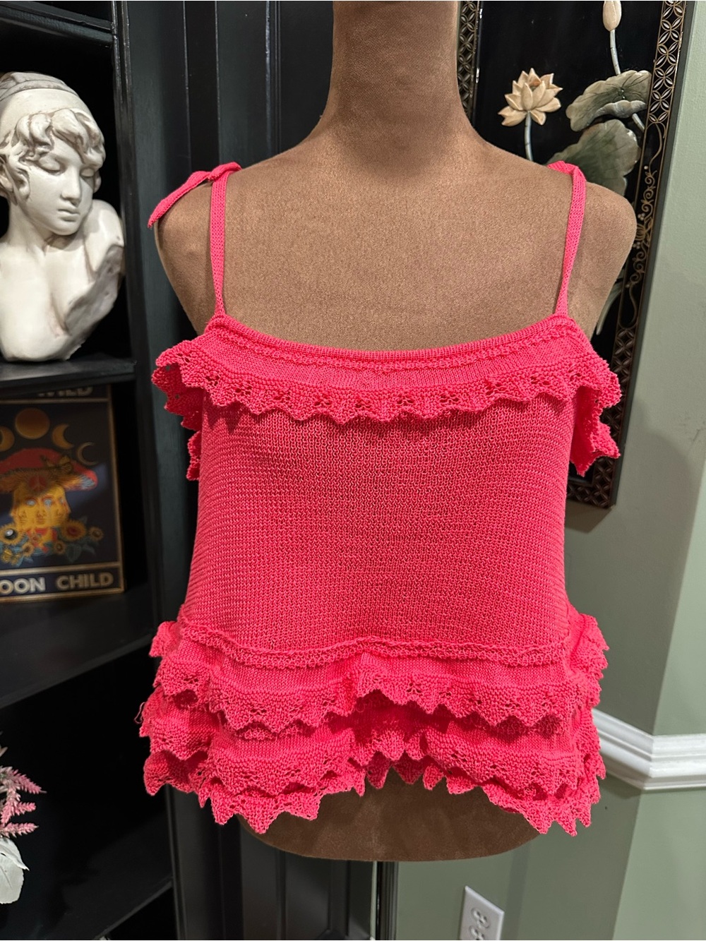 Scoop Rosette Pink Ruffle Sweater Tank Top Tie Shoulder Knit Size Medium NWOT